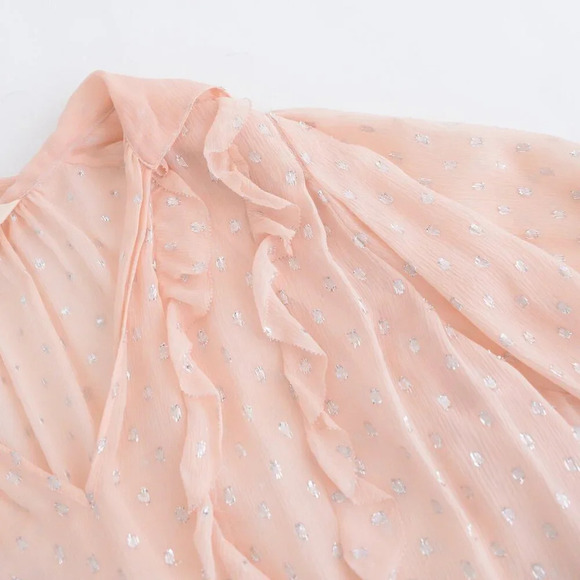 Rebecca Taylor Peach Silk Polka Dot Metallic Tie Neck Ruffle Long Sleeve Blouse2 - Picture 9 of 11